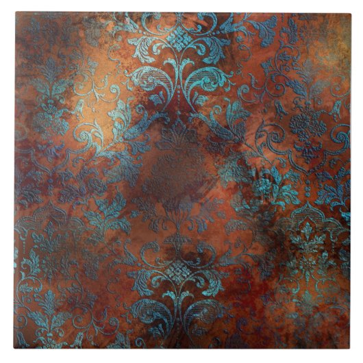 Copper Patina Rusted Damask Tegeltje (Voorkant)