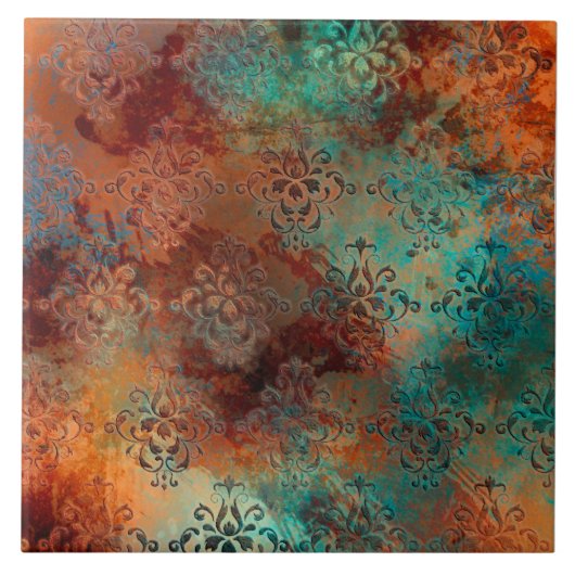 Copper Patina Rusted Damask Tegeltje (Voorkant)