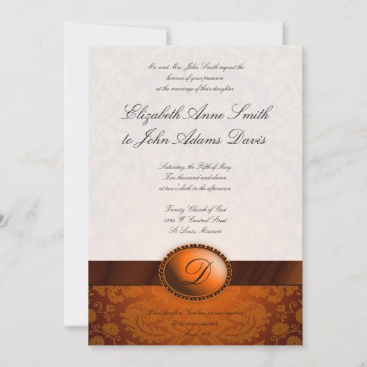 Copper Ribbon Damask Wedding Invitation Kaart (Voorkant)