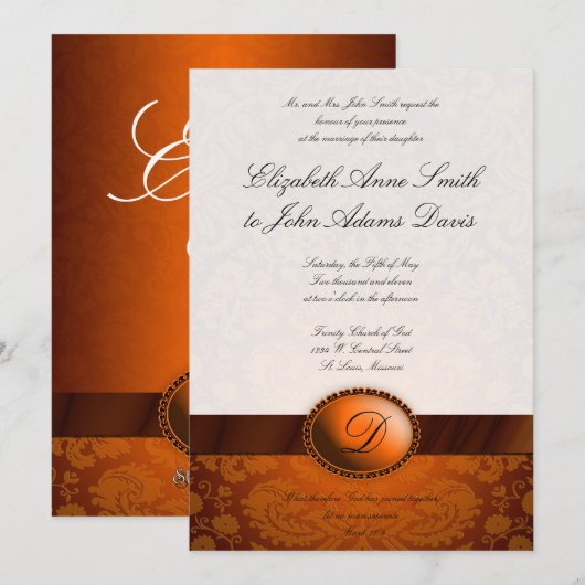 Copper Ribbon Damask Wedding Invitation Kaart (Voorkant / Achterkant)