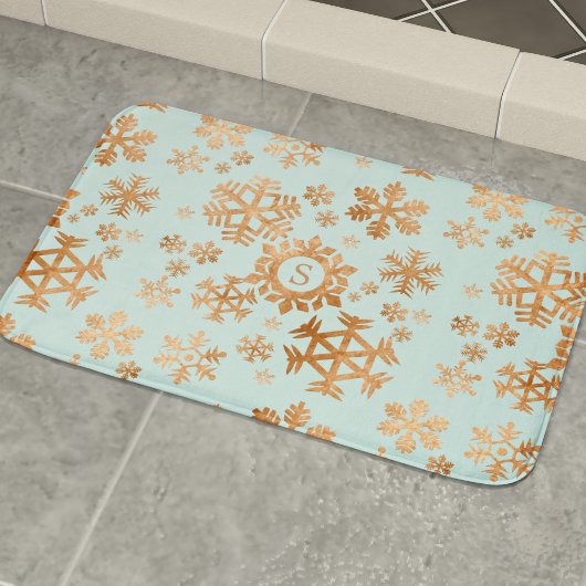 Copper Snowflake Monogram Robin Egg Blue Bath Mat