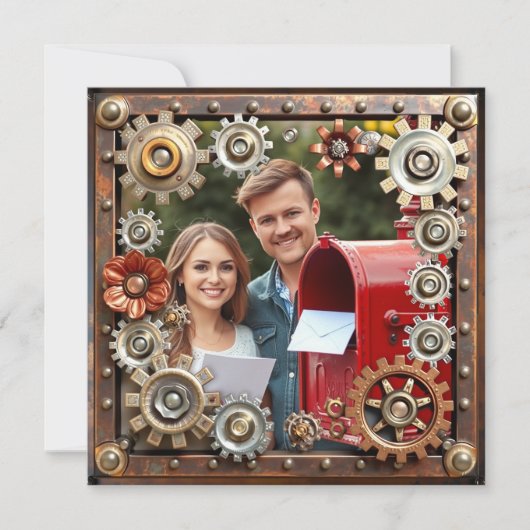 Copper Steampunk Gepersonaliseerde Wedding RSVP Save The Date (Voorkant)