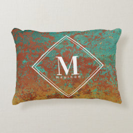 Copper Turquoise Metallic Texture Monogram Initiaa Accent Kussen