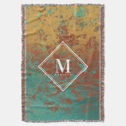 Copper Turquoise Metallic Texture Monogram Initiaa Deken (Voorkant Verticaal)
