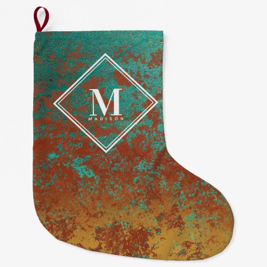 Copper Turquoise Metallic Texture Monogram Initiaa Grote Kerstsok (Voorkant)