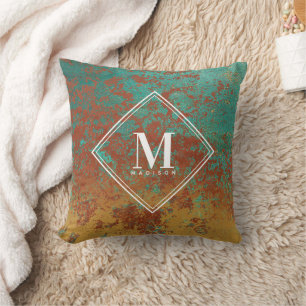 Copper Turquoise Metallic Texture Monogram Initiaa Kussen