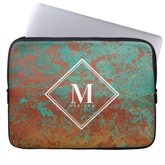 Copper Turquoise Metallic Texture Monogram Initiaa Laptop Sleeve (Voorkant)