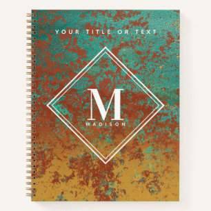 Copper Turquoise Metallic Texture Monogram Initiaa Notitieboek