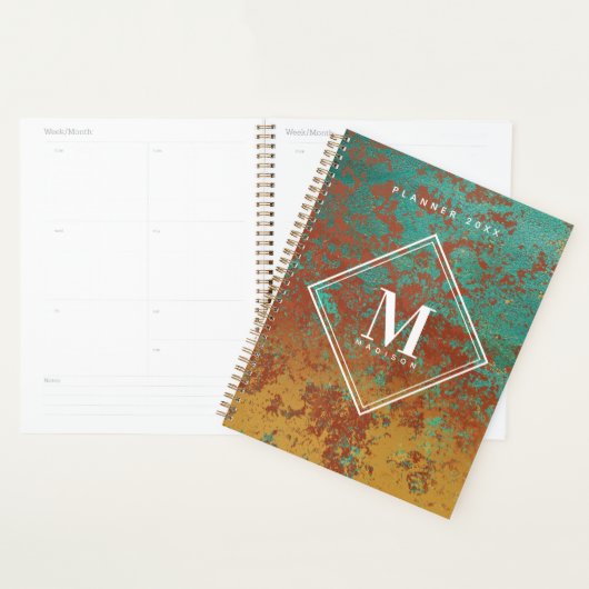 Copper Turquoise Metallic Texture Monogram Initiaa Planner (Display)