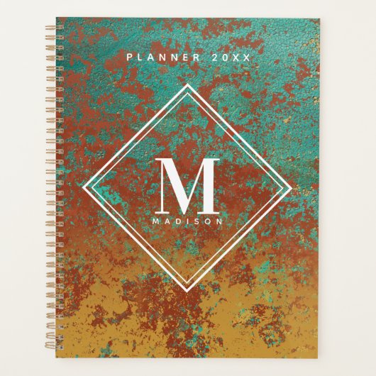 Copper Turquoise Metallic Texture Monogram Initiaa Planner (Voorkant)