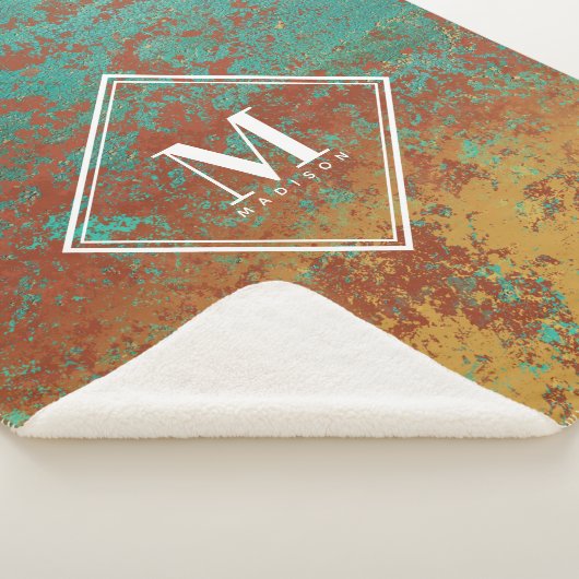 Copper Turquoise Metallic Texture Monogram Initiaa Sherpa Deken (3/4)