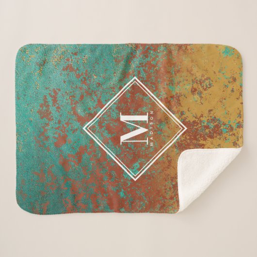 Copper Turquoise Metallic Texture Monogram Initiaa Sherpa Deken (Voorkant (horizontaal))