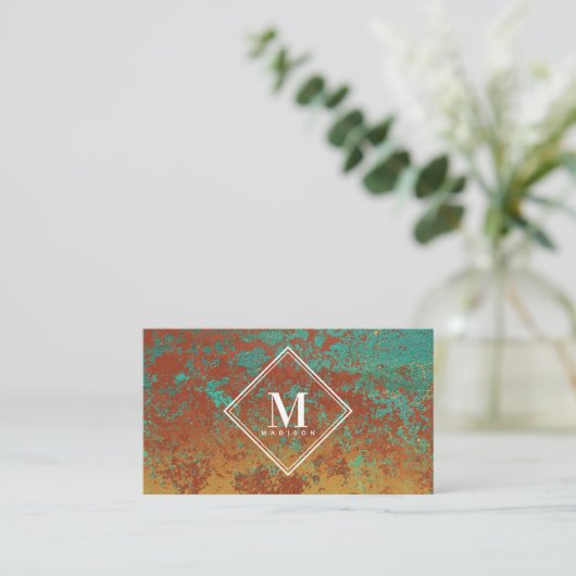Copper Turquoise Metallic Texture Monogram Initiaa Visitekaartje (Staand voorkant)