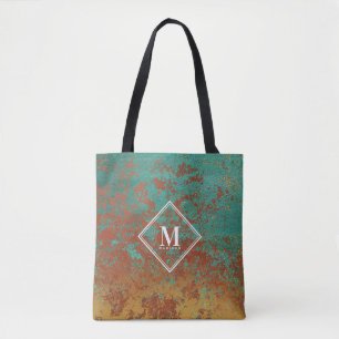Copper Turquoise Metallic Texture Monogram Tote Bag