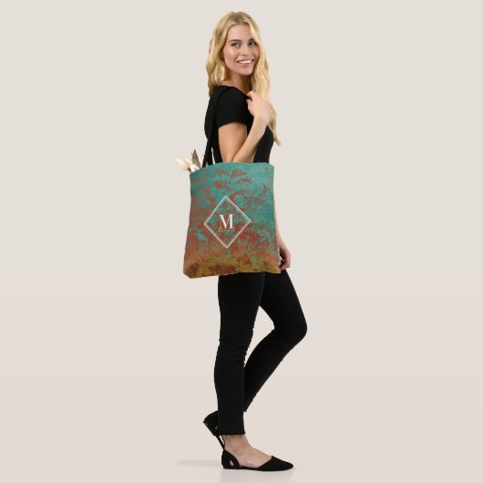 Copper Turquoise Metallic Texture Monogram Tote Bag (Op model)