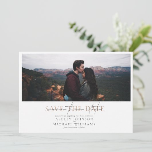 COPPER TYPOGRAPHY Photo Weddenschap Save the Date Kaart (Staand voorkant)