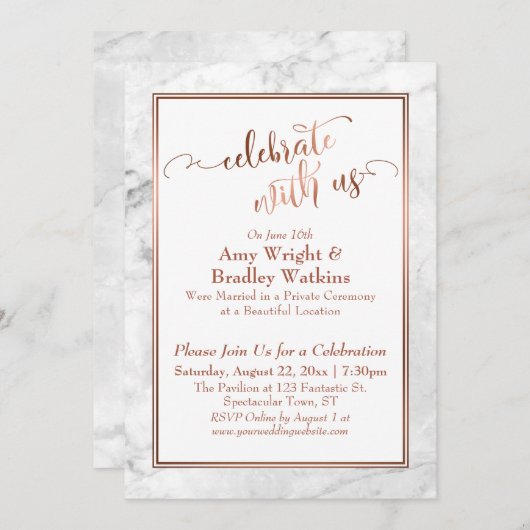 Copper White Marble Celebrate met Us Wedding Fun Kaart (Voorkant / Achterkant)