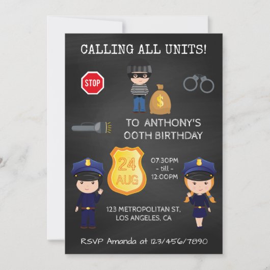 Cops en Robbers Birthday Chalkboard Kaart (Voorkant)