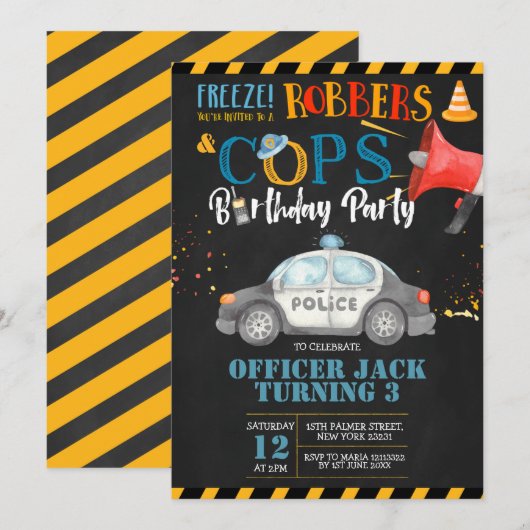 Cops & Robbers Birthday Party Invitation Kaart (Voorkant / Achterkant)