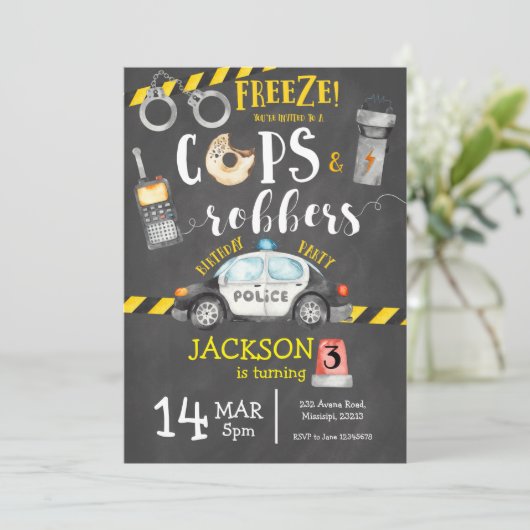 Cops & Robbers Birthday Party Invitation Kaart (Staand voorkant)
