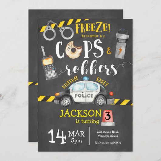 Cops & Robbers Birthday Party Invitation Kaart (Voorkant / Achterkant)