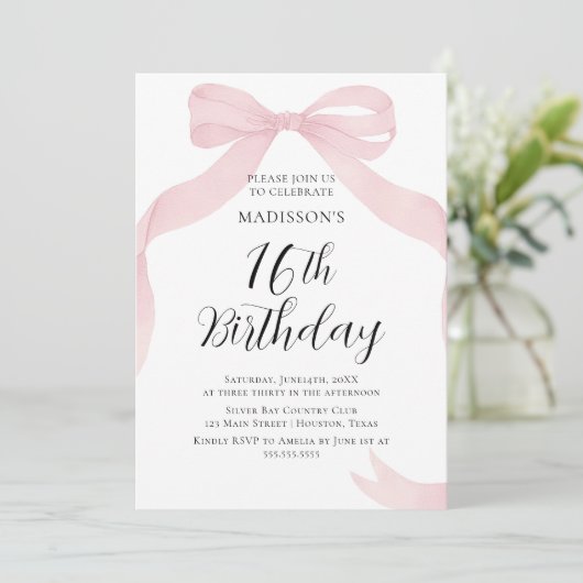 Coquete pink bow Birthday invitation Kaart (Staand voorkant)