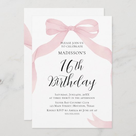 Coquete pink bow Birthday invitation Kaart (Voorkant / Achterkant)