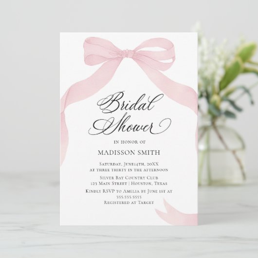 Coquete pink bow Bridal Shower invitation Kaart (Staand voorkant)