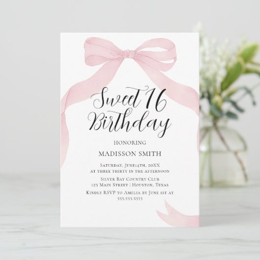 Coquete pink bow Sweet Sixteen invitation Kaart (Staand voorkant)