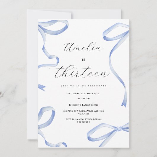 Coquette 13th Party Meisje Blauwe Bow Elegant Lint Kaart (Voorkant)