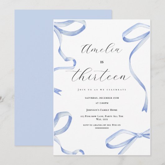 Coquette 13th Party Meisje Blauwe Bow Elegant Lint Kaart (Voorkant / Achterkant)
