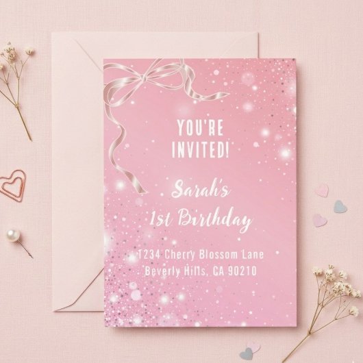 Coquette 1st Birthday Invitations Pink Bow Kaart