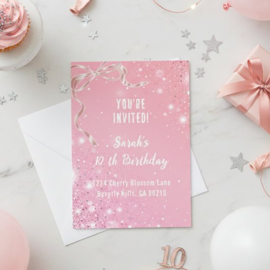 Coquette 1st Birthday Invitations Pink Bow  Kaart