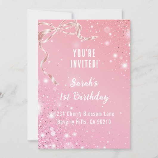 Coquette 1st Birthday Invitations Pink Bow  Kaart (Voorkant)