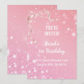 Coquette 1st Birthday Invitations Pink Bow  Kaart (Voorkant / Achterkant)