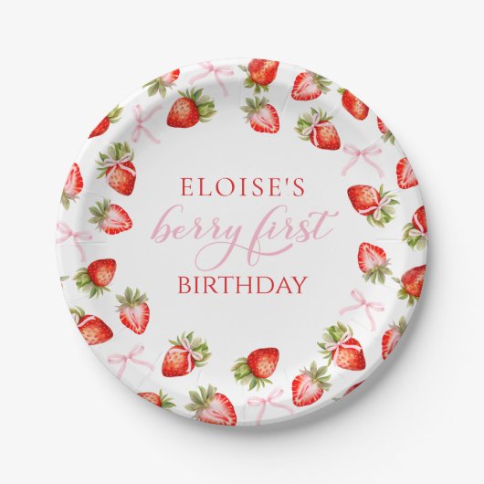 Coquette Aardbei Boog Berry Eerste Verjaardag Papieren Bordje (Voorkant)