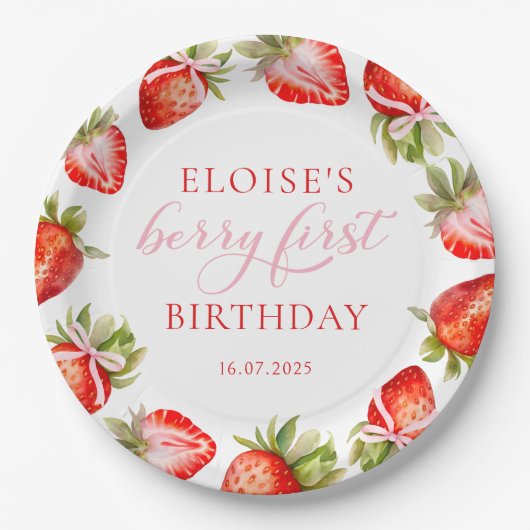 Coquette Aardbei Boog Berry Eerste Verjaardag Papieren Bordje (Voorkant)