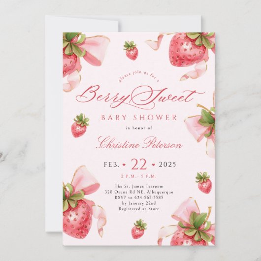Coquette Aardbeien Baby shower Invitation Kaart (Voorkant)