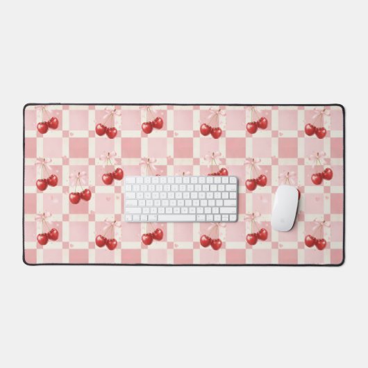 Coquette Aesthetic Desk Mat Cherry Red Bows Office (Keyboard & Muis)