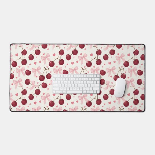 Coquette Aesthetic Desk Mat Cherry Red Bows Office (Keyboard & Muis)