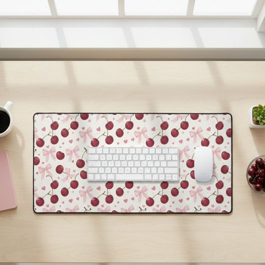 Coquette Aesthetic Desk Mat Cherry Red Bows Office