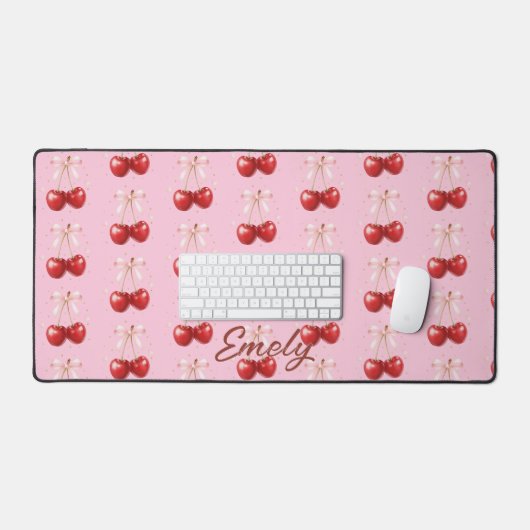 Coquette Aesthetic Desk Mat Cherry Red Bows Office (Keyboard & Muis)