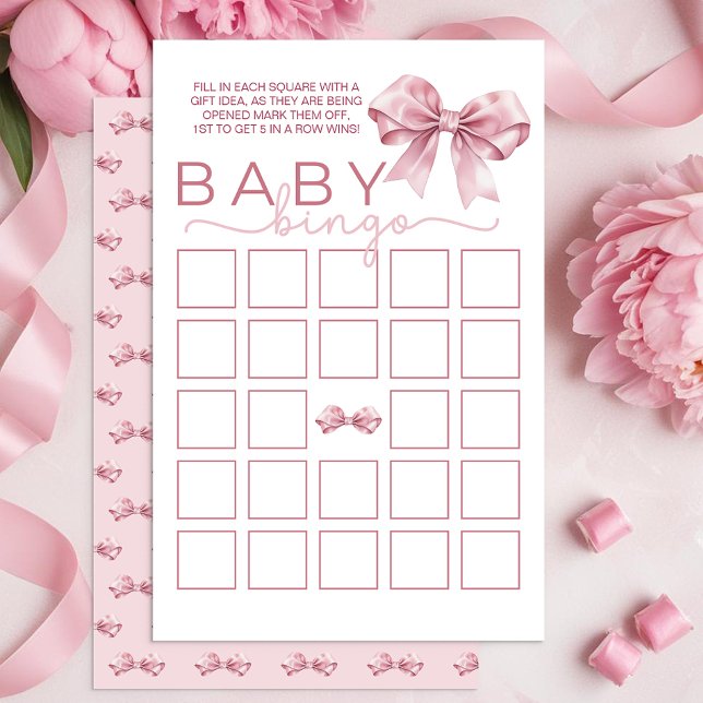 Coquette Baby shower Bingo Game – Elegante Roze Bo (Baby Bingo Game Card)