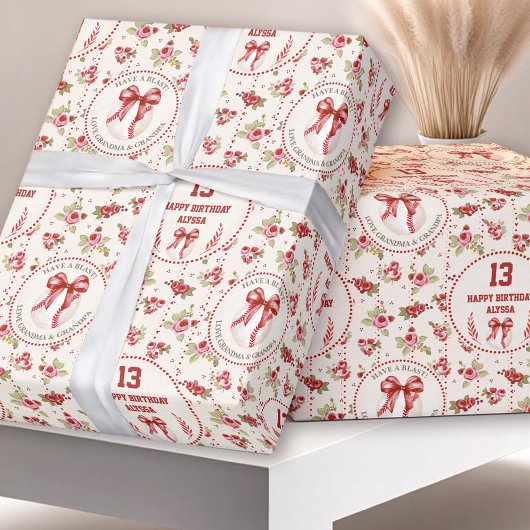 Coquette Baseball Bow Floral Meisje Naam Verjaarda Cadeaupapier