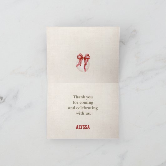 Coquette Baseball Red Bow Floral  Verjaardag Bedankkaart (Binnen)