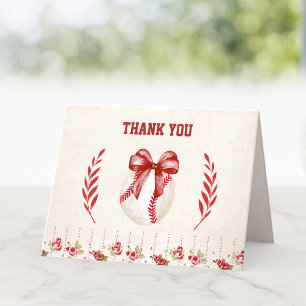 Coquette Baseball Red Bow Floral  Verjaardag Bedankkaart