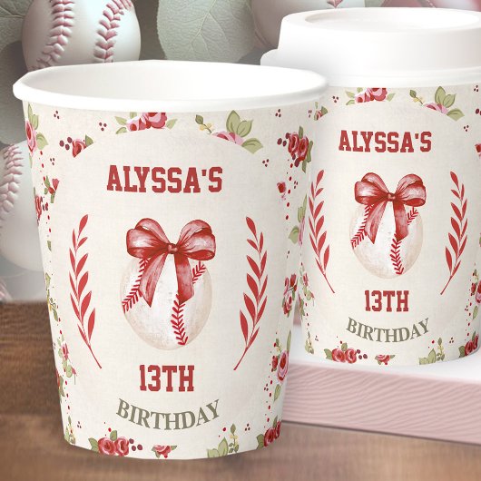Coquette Baseball Red Bow Floral  Verjaardag Papieren Bekers