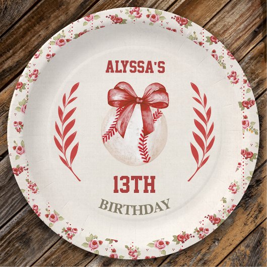 Coquette Baseball Red Bow Floral Verjaardag Papieren Bordje