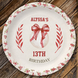 Coquette Baseball Red Bow Floral  Verjaardag Papieren Bordje