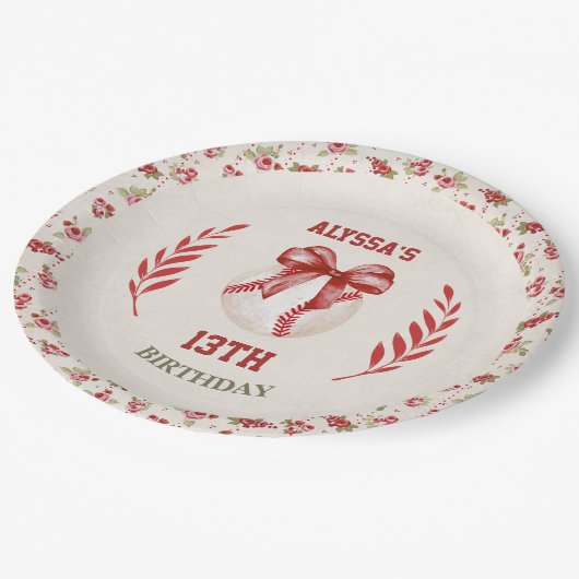 Coquette Baseball Red Bow Floral  Verjaardag Papieren Bordje (Gekanteld)